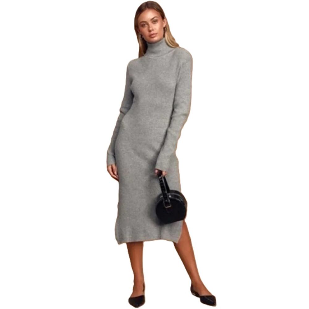 Lulus Sheerah Turtleneck Knit Sweater Dress Long Sleeve Gray - Picture 12 of 12